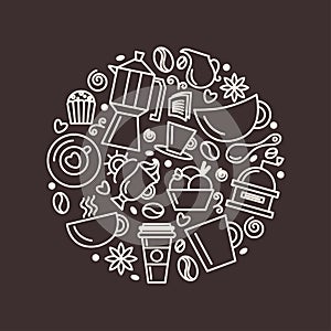 Set of coffee theme. Line art draw icons in the circle.