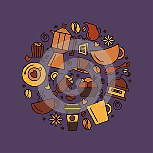 Set of coffee theme. Line art draw icons in the circle.