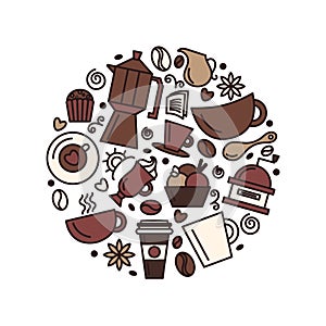 Set of coffee theme. Line art draw icons in the circle.