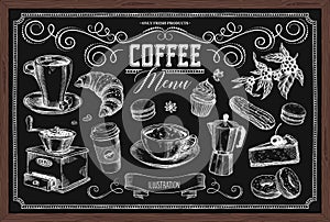 Set of coffee-themed items and sweets related vector images..