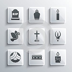 Set Coffin with cross, Burning candle, Lily flower, Grave, Memorial wreath, Dove, Tombstone RIP written and icon. Vector