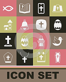 Set Coffin, Dove, Easter egg, Christian cross on phone, Church bell, building, fish symbol and icon. Vector