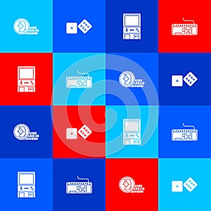 Set Coin for game, Game dice, Retro arcade machine and Computer keyboard icon. Vector