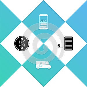 Set Coin money with dollar, Car service, Mobile Question and Exclamation and Server icon. Vector