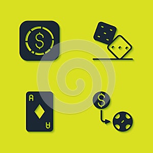 Set Coin money with dollar, Casino chips exchange, Playing card diamonds and Game dice icon. Vector