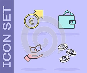 Set Coin money with dollar, Financial growth and euro, Hand holding and Wallet icon. Vector