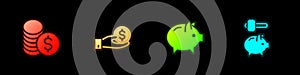Set Coin money with dollar, Hand giving, Piggy bank and hammer icon. Vector
