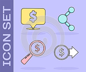 Set Coin money with dollar symbol, Speech bubble with dollar, Magnifying glass and dollar and Share icon. Vector