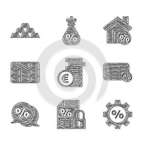 Set Coin money with euro symbol, Finance document and lock, Gear percent, Discount card, tag, Credit chip, House percant