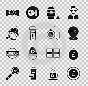 Set Coin money with pound, Money bag, Location England, Coffee cup to go, London phone booth, Sherlock Holmes, Bow tie