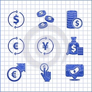 Set Coin money with Yen, Hand holding coin, Stacks paper cash, Money bag, Financial growth euro, symbol, dollar and icon