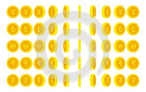 Set of coins with Asian currency symbols animation