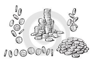 Set of coins in different positions in sketch style. Falling dollars, pile of cash, stack of money. Hand drawn Vector