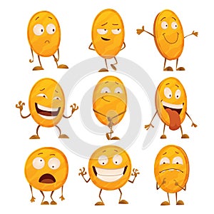 Set of coins with emotions. Icon for the game apps interface. Cartoon image of funny golden coins with arms and legs