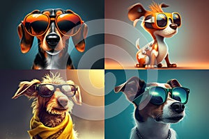 set or collage of four different funny stylish dog in sunglasses, cartoon dog portrait, ai generation