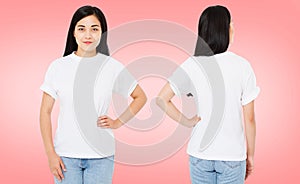 Set,collage front and back views pretty korean,asian woman in t-shirt isolated on pink background,blank