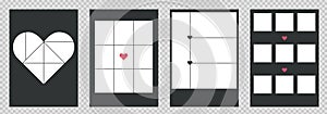 Set of collage posters templates for photos. Vector designs with hearts elements and grid for pictures. Simple trendy