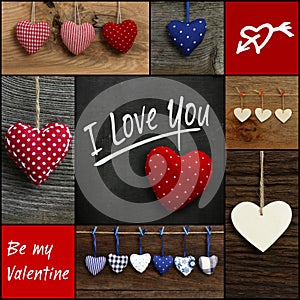 Set Collage Valentine's Love message with colorful fabric hearts