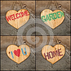 Set Collage Welcome Love Garden Home message wooden heart signs