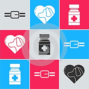 Set Collar with name tag, Heart with dog and Dog medicine bottle and pills icon. Vector