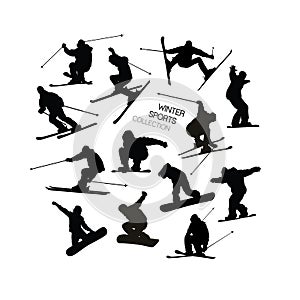 Set collection of black alpine skier s and snowboarders silhouettes isolated on white background.