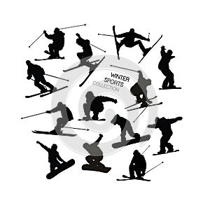 Set collection of black alpine skier s and snowboarders silhouettes isolated on white background. photo