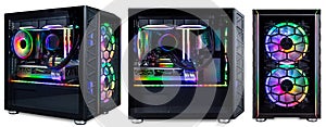 Set collection of black custom gaming pc computer with glass windows and colorful bright rgb rainbow led lighting isolated white