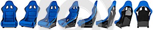 Set collection of blue black carbon fiber motorsport race car tuning  sim racing bucket seat isolated white background