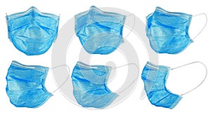 Set collection of  blue medical respirator breathing face dust mask isolated white background. Coronavirus Covid-19 prevention