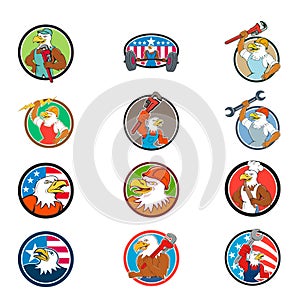 American Eagle Mascot Circle Cartoon Set
