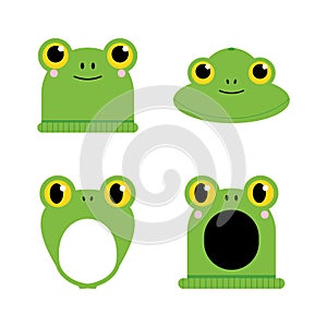 Set, collection of cartoon style green frog hats, headwear for cute fashion design