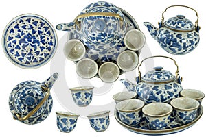 Set collection of china design ceramic pottery porcelain tea blue color