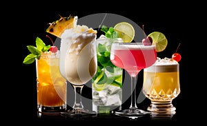 Set and collection of classic alcohol cocktails or mocktail isolated on white background with fresh summer fruits