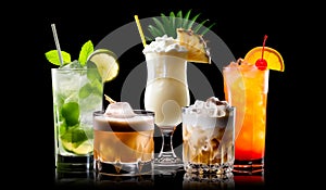 Set and collection of classic alcohol cocktails or mocktail isolated on white background with fresh summer fruits