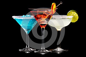 Set and collection of classic alcohol cocktails or mocktail isolated on white background with fresh summer fruits