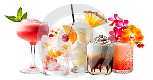 Set and collection of classic alcohol cocktails or mocktail isolated on white background with fresh summer fruits