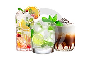 Set and collection of classic alcohol cocktails or mocktail isolated on white background with fresh summer fruits