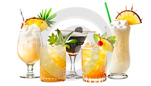 Set and collection of classic alcohol cocktails or mocktail isolated on white background with fresh summer fruits