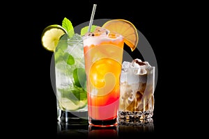 Set and collection of classic alcohol cocktails or mocktail isolated on white background with fresh summer fruits