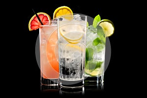 Set and collection of classic alcohol cocktails or mocktail isolated on white background with fresh summer fruits