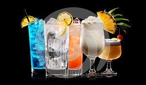 Set and collection of classic alcohol cocktails or mocktail isolated on white background with fresh summer fruits