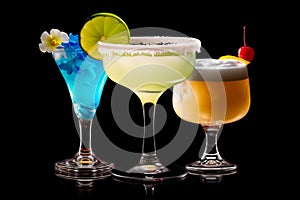 Set and collection of classic alcohol cocktails or mocktail isolated on white background with fresh summer fruits