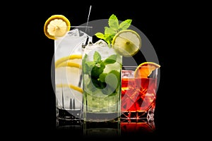 Set and collection of classic alcohol cocktails or mocktail isolated on white background with fresh summer fruits