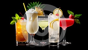 Set and collection of classic alcohol cocktails or mocktail isolated on white background with fresh summer fruits