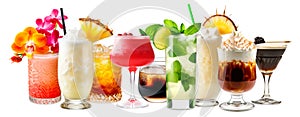 Set and collection of classic alcohol cocktails or mocktail isolated on white background with fresh summer fruits