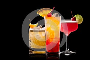 Set and collection of classic alcohol cocktails or mocktail isolated on white background with fresh summer fruits