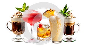 Set and collection of classic alcohol cocktails or mocktail isolated on white background with fresh summer fruits