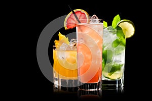 Set and collection of classic alcohol cocktails or mocktail isolated on white background with fresh summer fruits