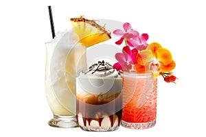 Set and collection of classic alcohol cocktails or mocktail isolated on white background with fresh summer fruits