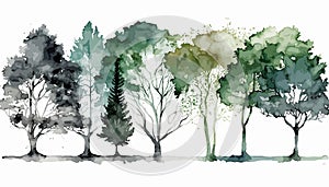 Set collection clipboard arrangement of hand painted drawn watercolor cliparts of trees